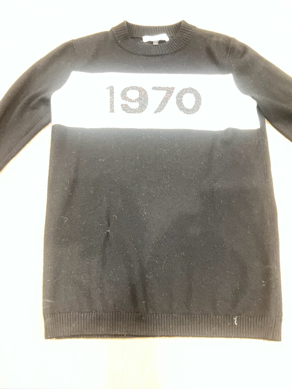 Black Crewneck Sweater with White Chest Panel and '1970' Graphic